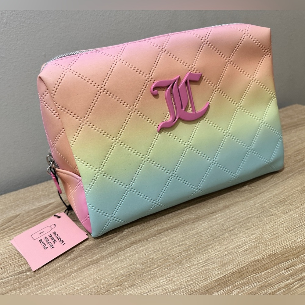 Juicy Couture Ombre Pastel Rainbow Faux Quilted Leather Zip Travel Makeup Pouch